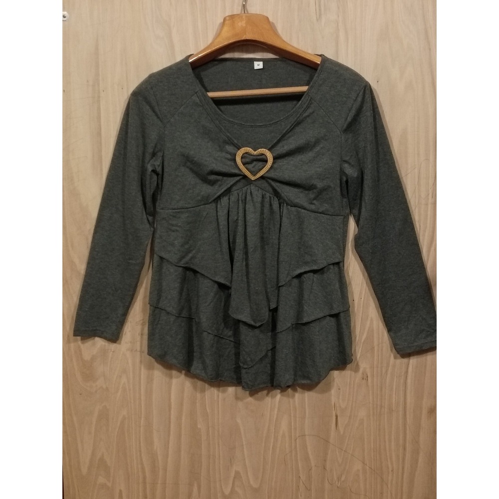 ChicMe Womens Top M Gray Tunic Long Sleeve V-Neck Tiered Ruffles Stretch‎